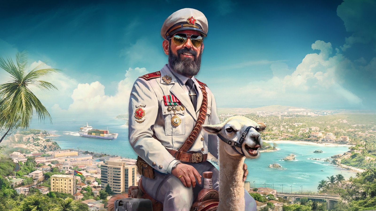 El Presidente di Tropico 7 in sella a un lama davanti a un città costiera
