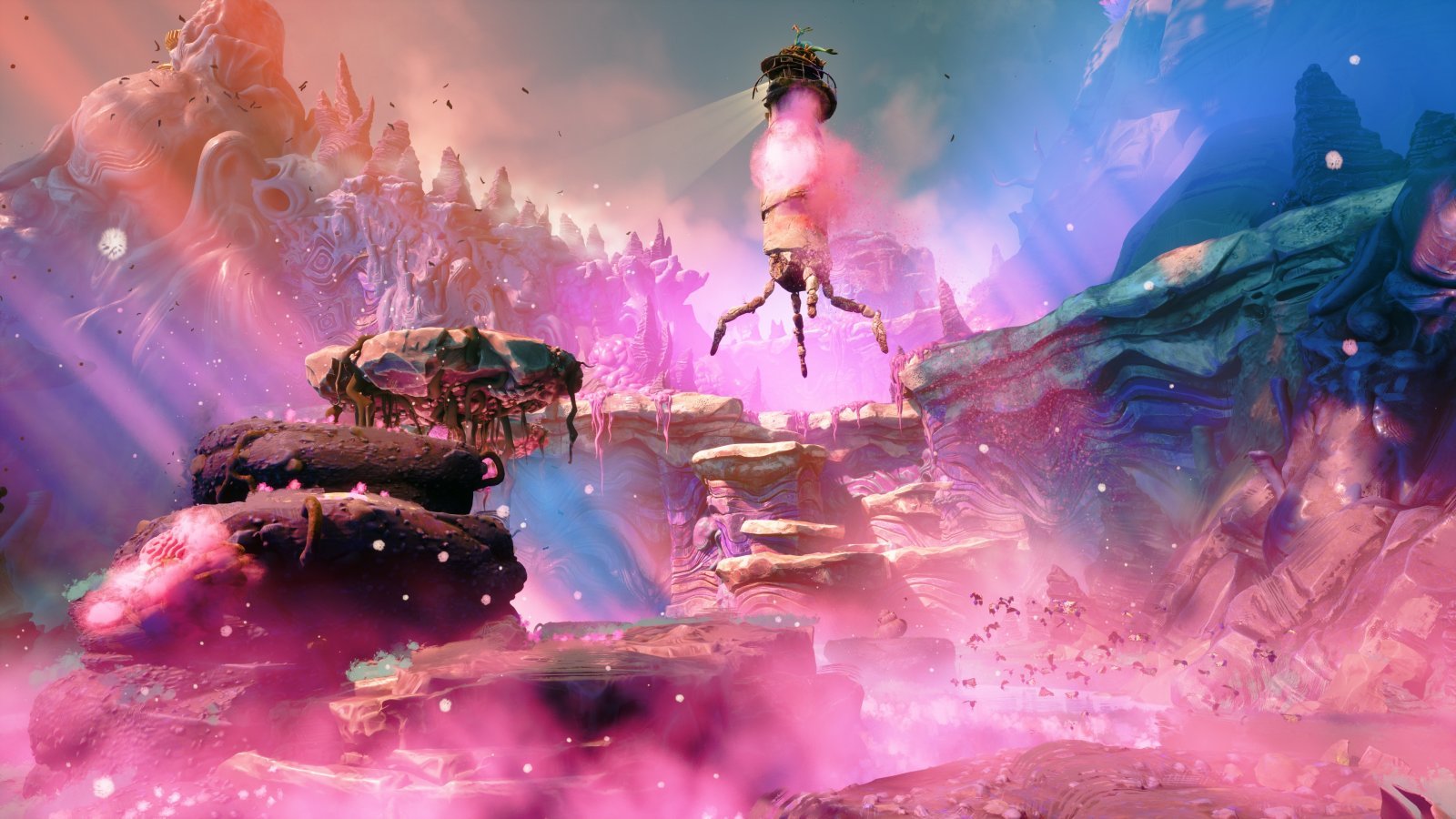 Un vallata piena di fumo rosa in Keeper
