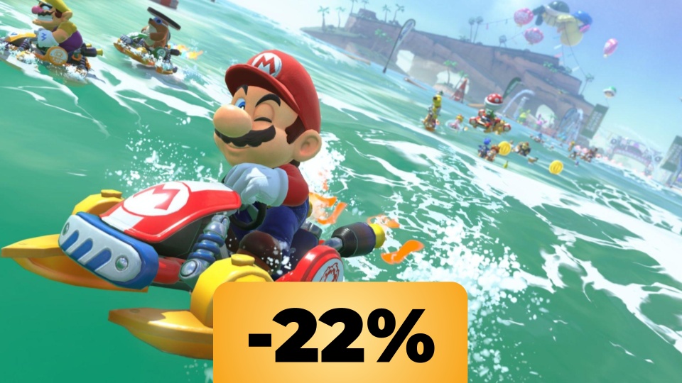 Mario di Mario Kart World che surfa e fa l'occhiolino con la scritta -22%