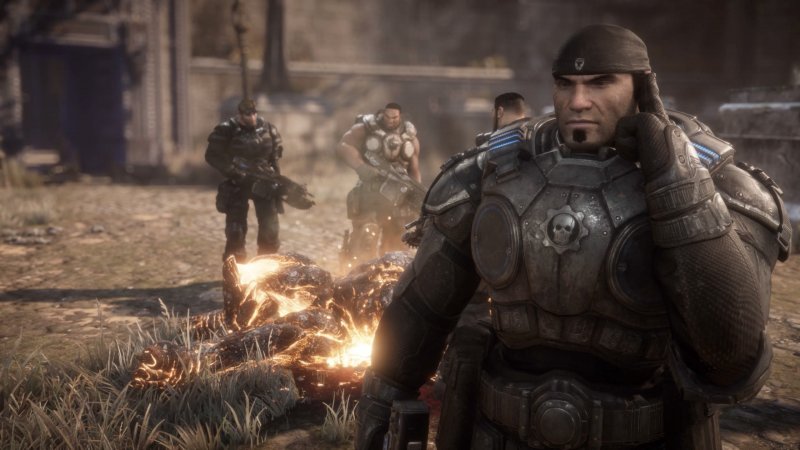 Marcus e la Squadra Delta dopo aver preparato un barbecue di Berserker in Gears of War: Reloaded Marcus e la Squadra Delta dopo aver preparato un barbecue di Berserker in Gears of War: Reloaded