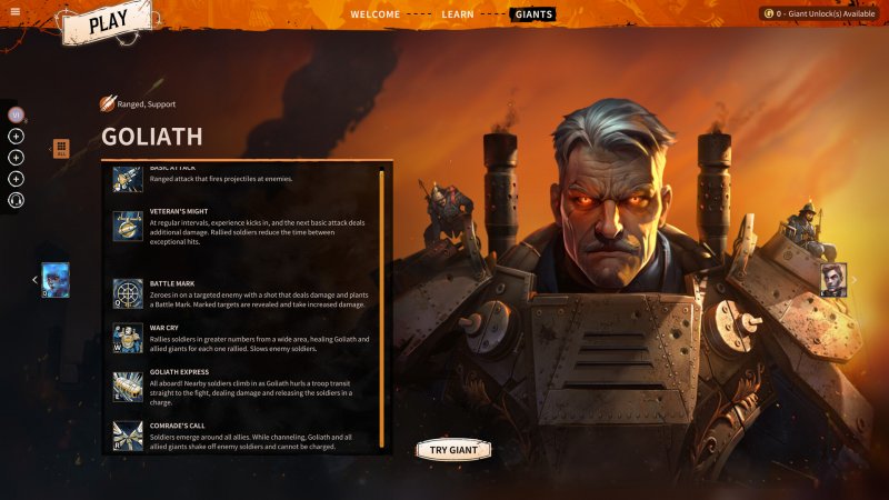 Goliath è la star di copertina del gioco e ha un kit incentrato sul potenziare e motivare i fanti Goliath è la star di copertina del gioco e ha un kit incentrato sul potenziare e motivare i fanti