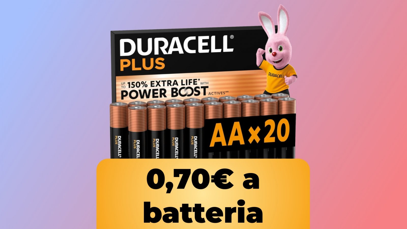 Batterie Duracell Plus AA (Confezione da 20) a 0,70€ per batteria