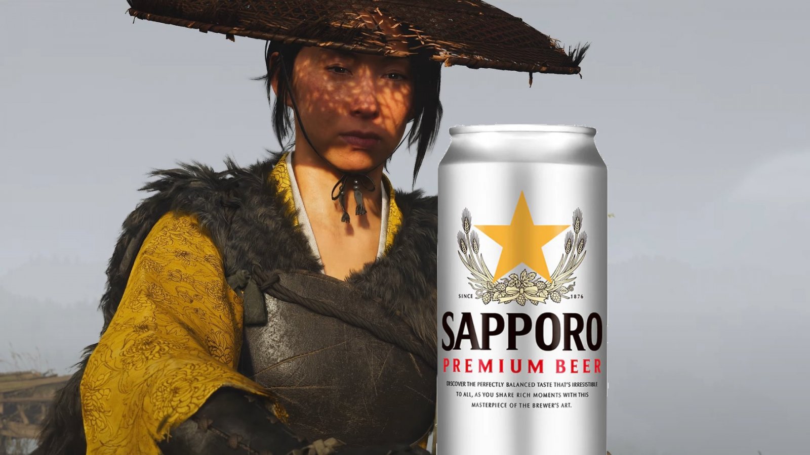 Atsu di Ghost of Yotei con una lattina di birra sapporo di fronte