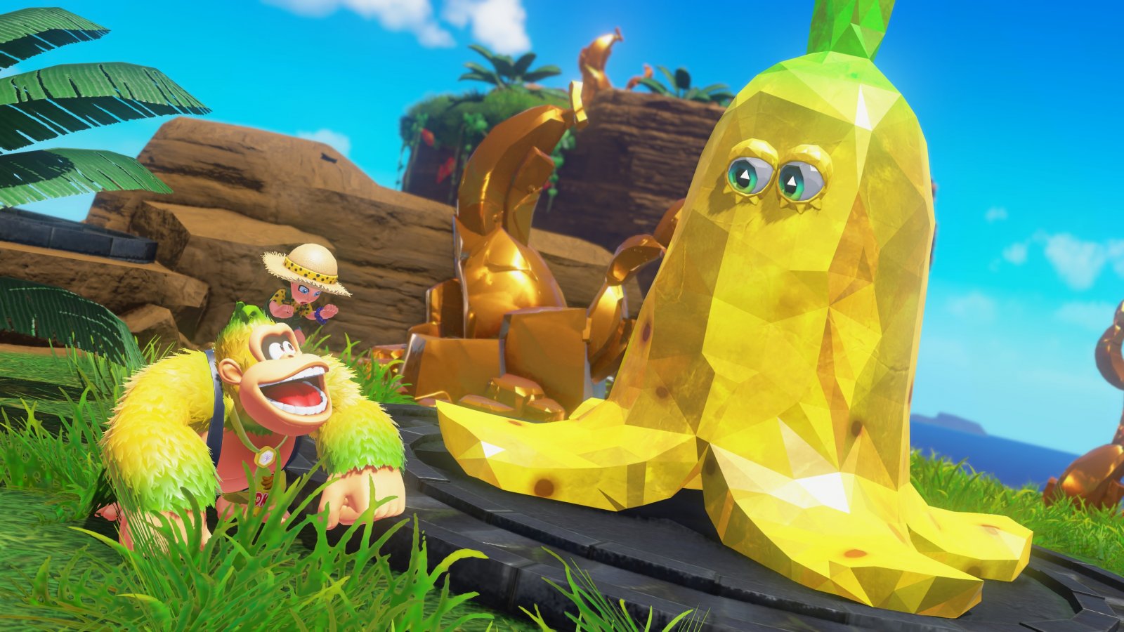 Donkey Kong accanto a una banana gigante di cristallo