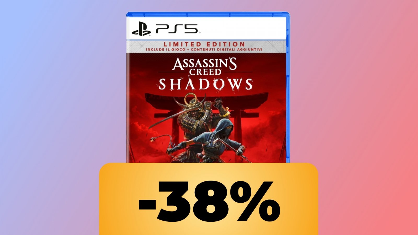 La confezione PS5 di Assassin's Creed Shadows e la scritta -38%