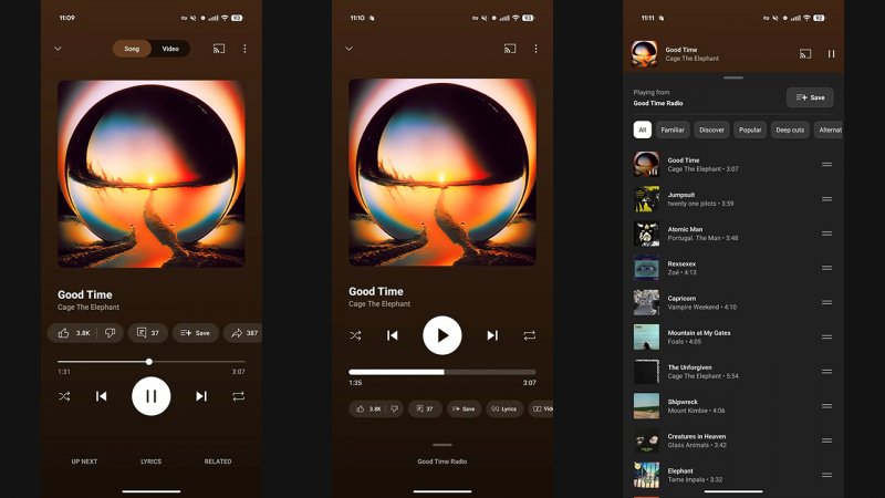 La schermata Now Playing di YouTube Music: a sinistra, la vecchia schermata principale; al centro, la nuova; a destra, la nuova schermata in coda
