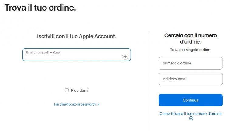 È possibile accedere con il proprio account o cercare direttamente l'ordine nella sezione a destra È possibile accedere con il proprio account o cercare direttamente l'ordine nella sezione a destra