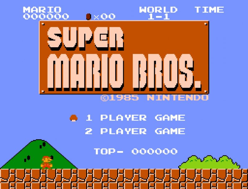 La schermata del titolo di Super Mario Bros. è già un pezzo vero e proprio del gioco: l'avventura di Mario comincerà da lì, appena il cartellone verrà eclissato dalla pressione su Start