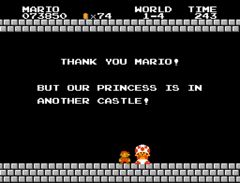 Se pensavate che fosse possibile festeggiare i quarant'anni di Super Mario Bros. senza citare la classica frase che accompagnava la fine di (quasi) tutti i mondi, vi sbagliavate. Per una generazione è questo uno dei primi momenti di scontro con la dura realtà della vita