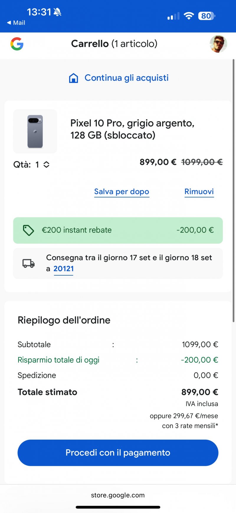 Il codice sconto applicato su un Pixel 10 Pro Il codice sconto applicato su un Pixel 10 Pro