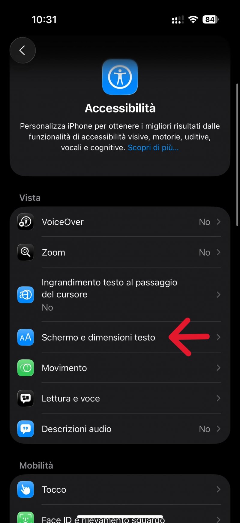 Andate su Schermo e dimensioni testo Andate su Schermo e dimensioni testo