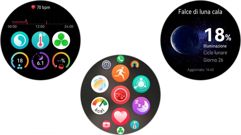 Alcune schermate catturate direttamente dallo smartwatch: panoramica salute, cassetto delle app e widget per le fasi lunari Alcune schermate catturate direttamente dallo smartwatch: panoramica salute, cassetto delle app e widget per le fasi lunari