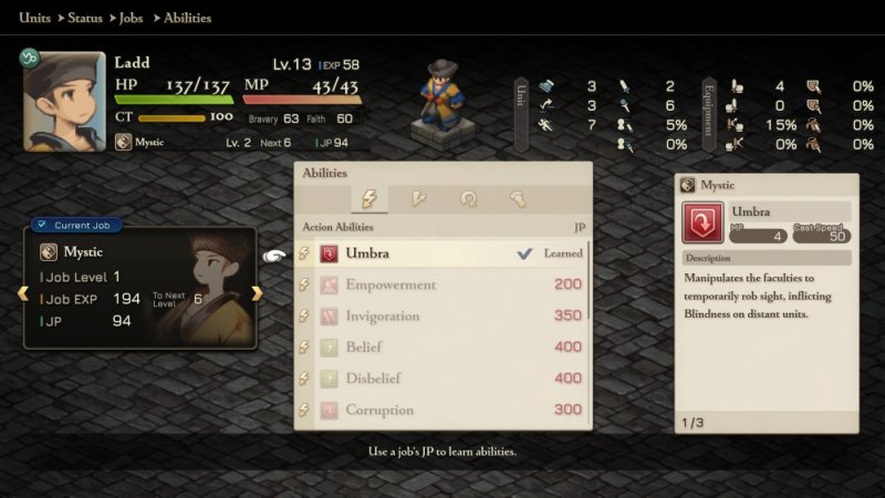 La schermata in cui si scelgono le abilità dei Job