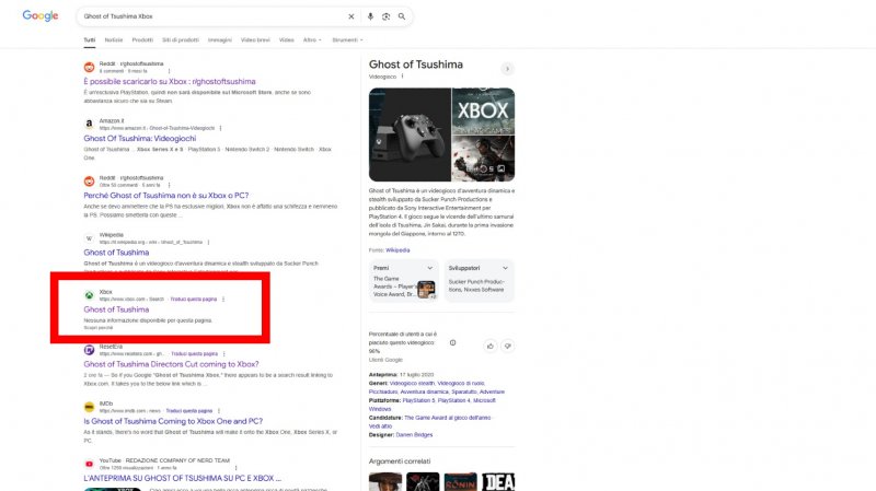 Basta cercare su Google 'Ghost of Tsushima Xbox' per incappare in un risultato simile