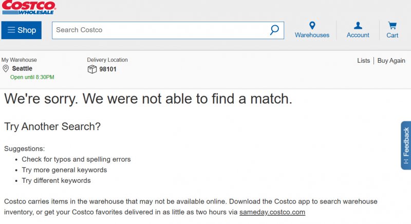 Niente risutati cercando Xbox sul sito di Costco