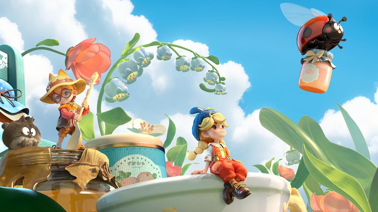 Dei personaggi di Animula Nook in mezzo alla vegetazione