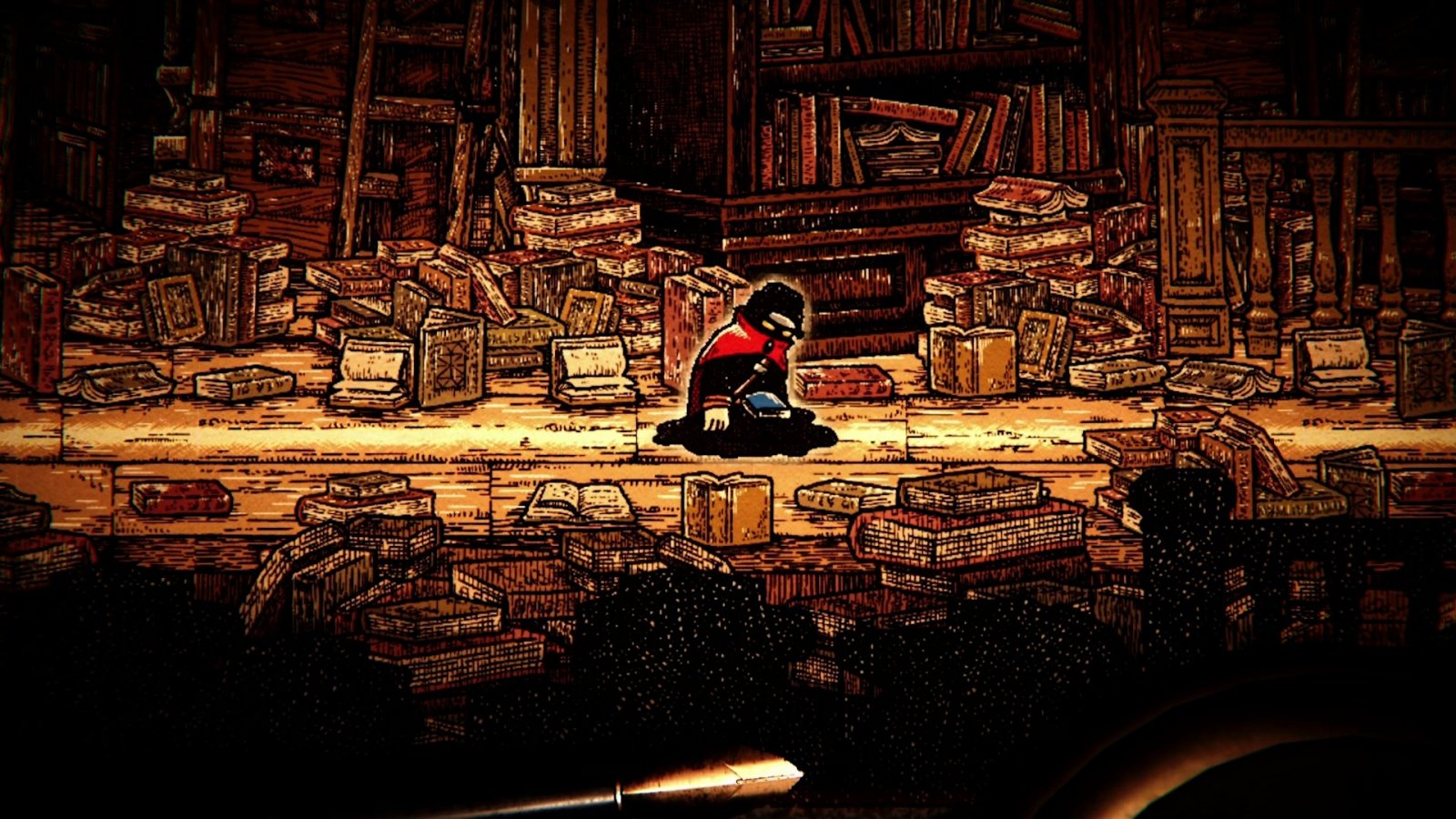 Il protagonista di Chronoscript The Endless End in mezzo a dei libri