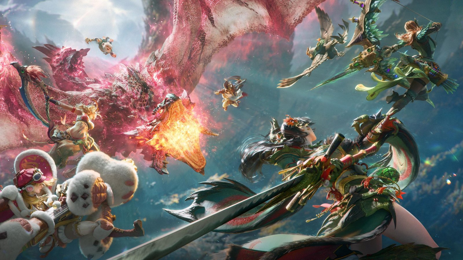 Artwork di Monster Hunter Outlanders che mostra uno scontro con il Rathalos Radiante