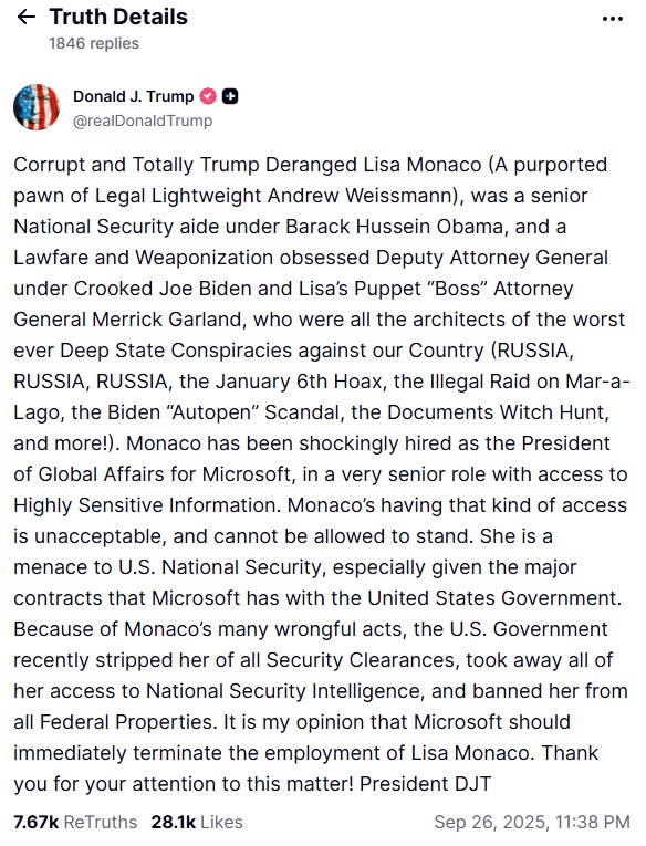 Il messaggio di Trump su Trush Social