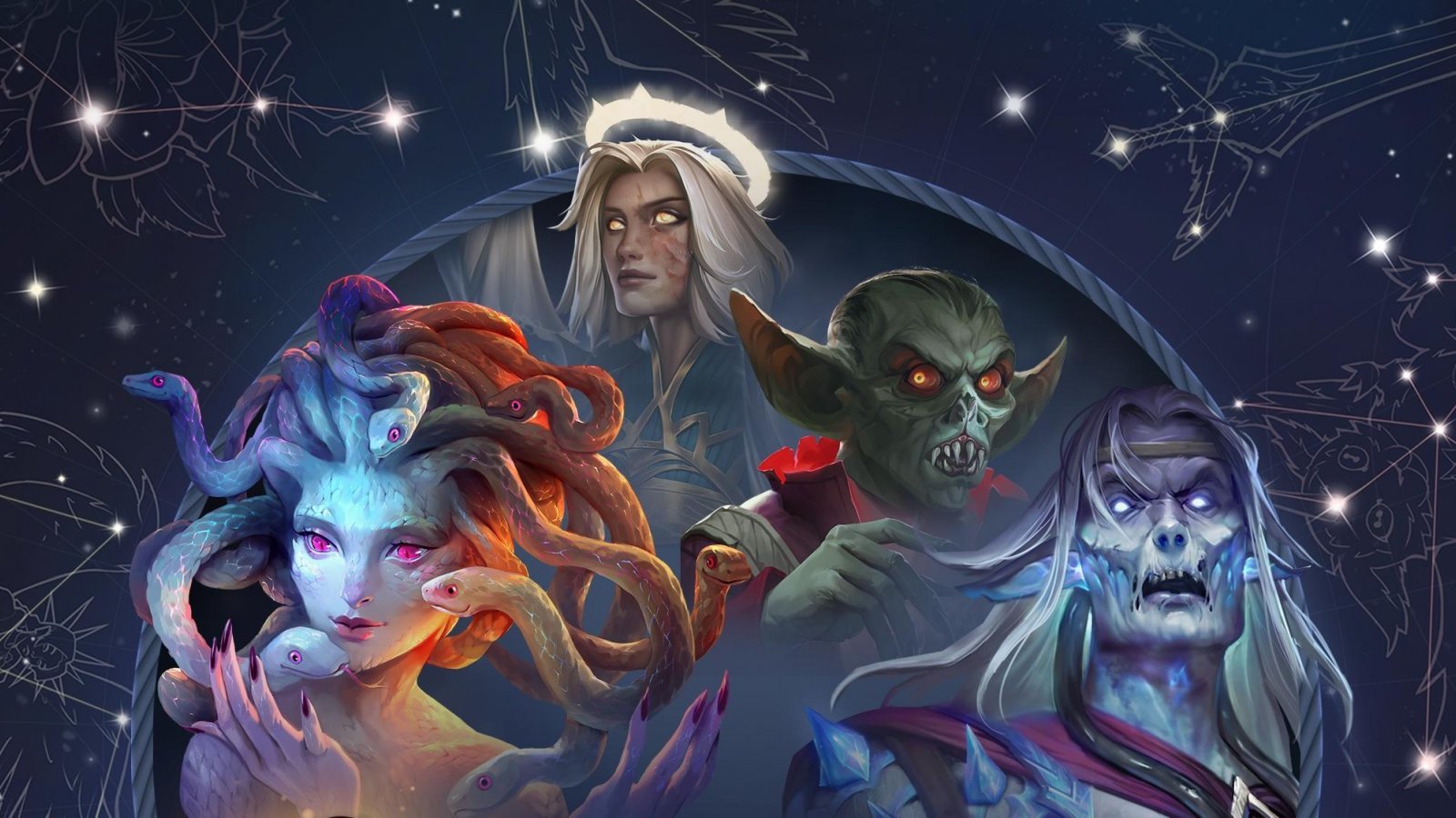 I rappresentati delle quattro fazioni base di Heroes of Might and Magic: Olden Era
