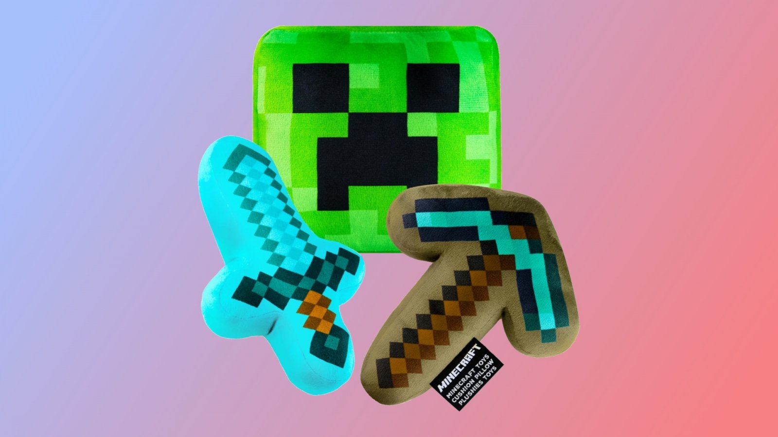 I peluche di Minecraft con Creeper, spada e piccozza