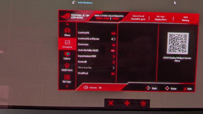 L'interfaccia ASUS con Anti-Flicker Oled attivo: per farlo occorre essere collegati via DisplayPort