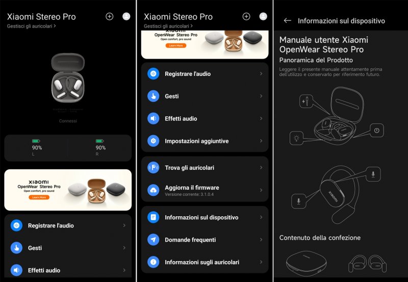 Alcune pagine dell'app Xiaomi Earbud