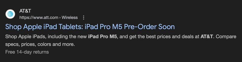 Screen della pagina (poi rimossa) di AT&T relativo all'iPad Pro M5