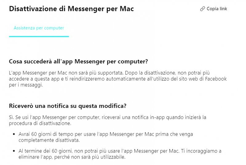 La pagina del centro assistenza che riporta lo stop al supporto dell'app Messenger per Mac