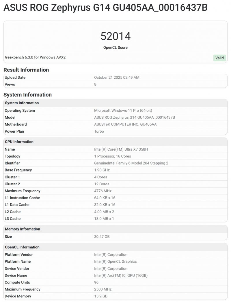 Uno dei test OpenCL dell'Intel Core Ultra X7 358H emerso su Geekbench