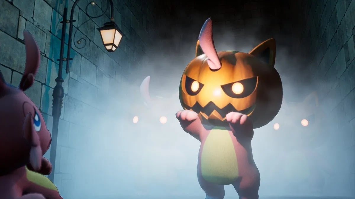 Un Pal di Palworld mascherato con una zucca di Halloween