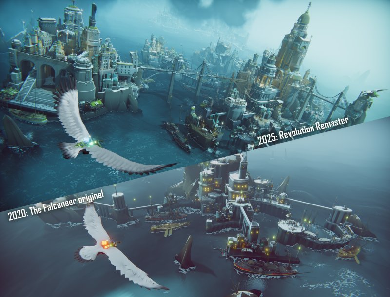 L'immagine mette a confronto la nuova e la vecchia versione di The Falconeer