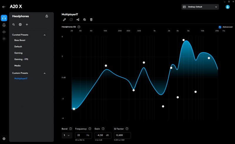 Questa è l'equalizzazione che abbiamo utilizzato per le Logitech Astro A20 X e che potete scaricare anche voi tra i profili condivisi dalla community Questa è l'equalizzazione che abbiamo utilizzato per le Logitech Astro A20 X e che potete scaricare anche voi tra i profili condivisi dalla community