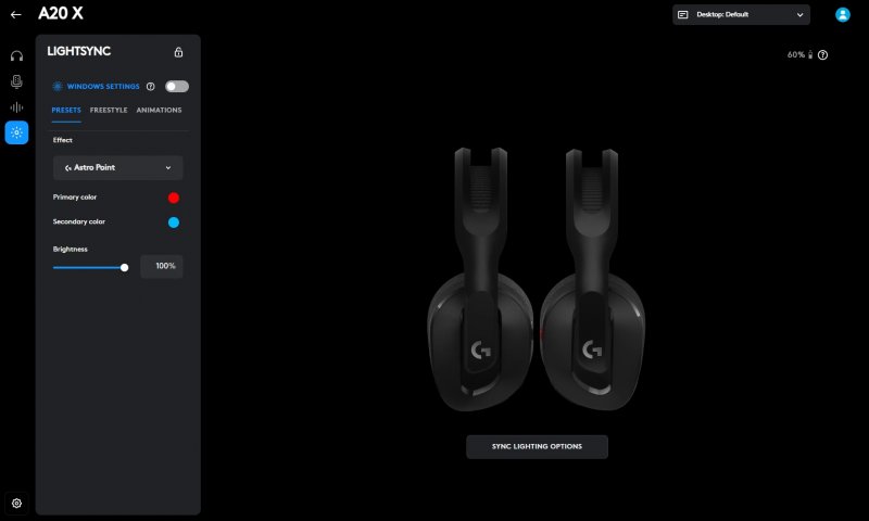 Nel software G-Hub è possibile personalizzare in maniera piuttosto completa gli effetti d'illuminazione delle Logitech Astro A20 X Nel software G-Hub è possibile personalizzare in maniera piuttosto completa gli effetti d'illuminazione delle Logitech Astro A20 X