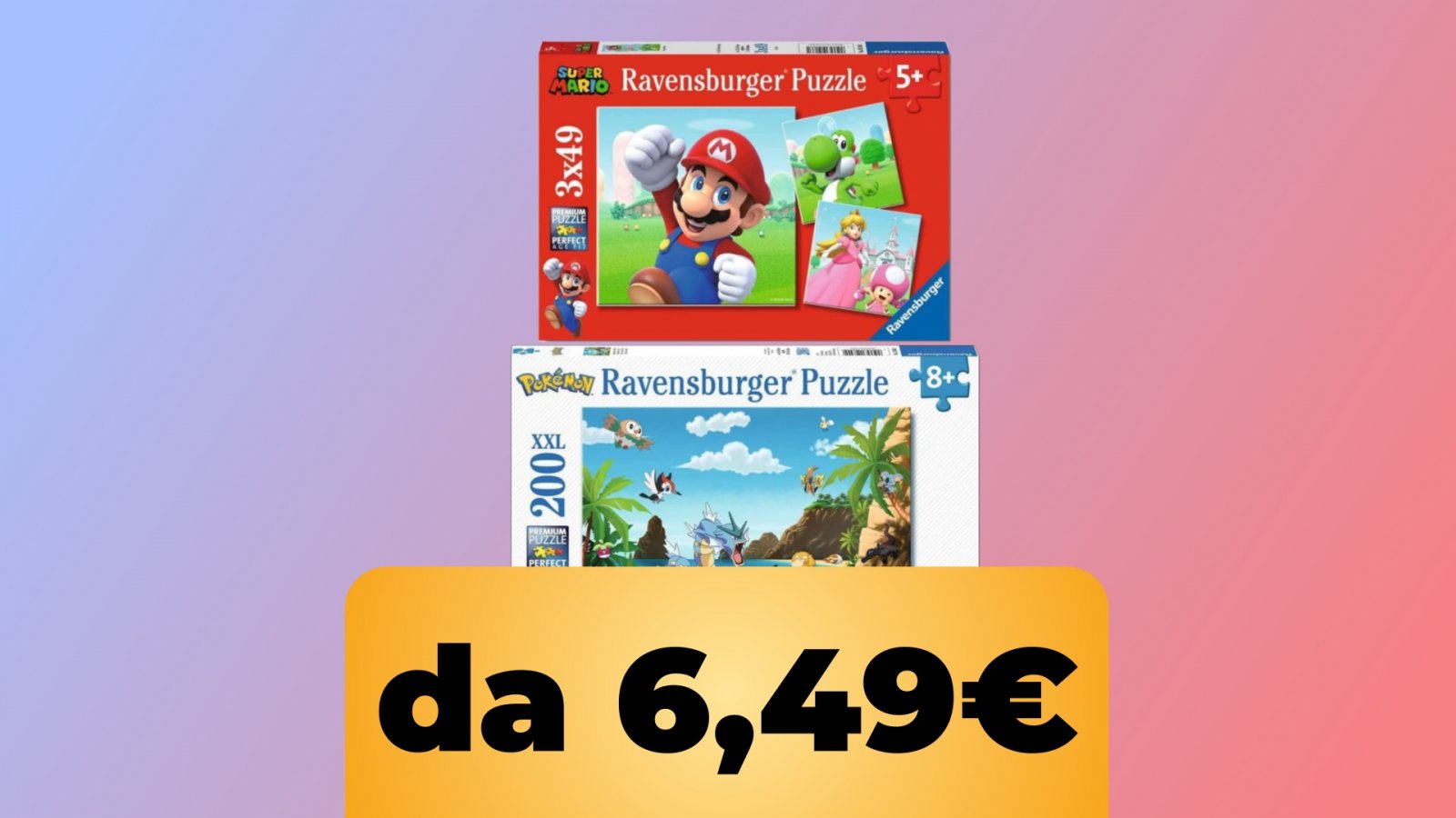 Puzzle di Super Mario e Pokémon e la scritta 'da 6.49€'