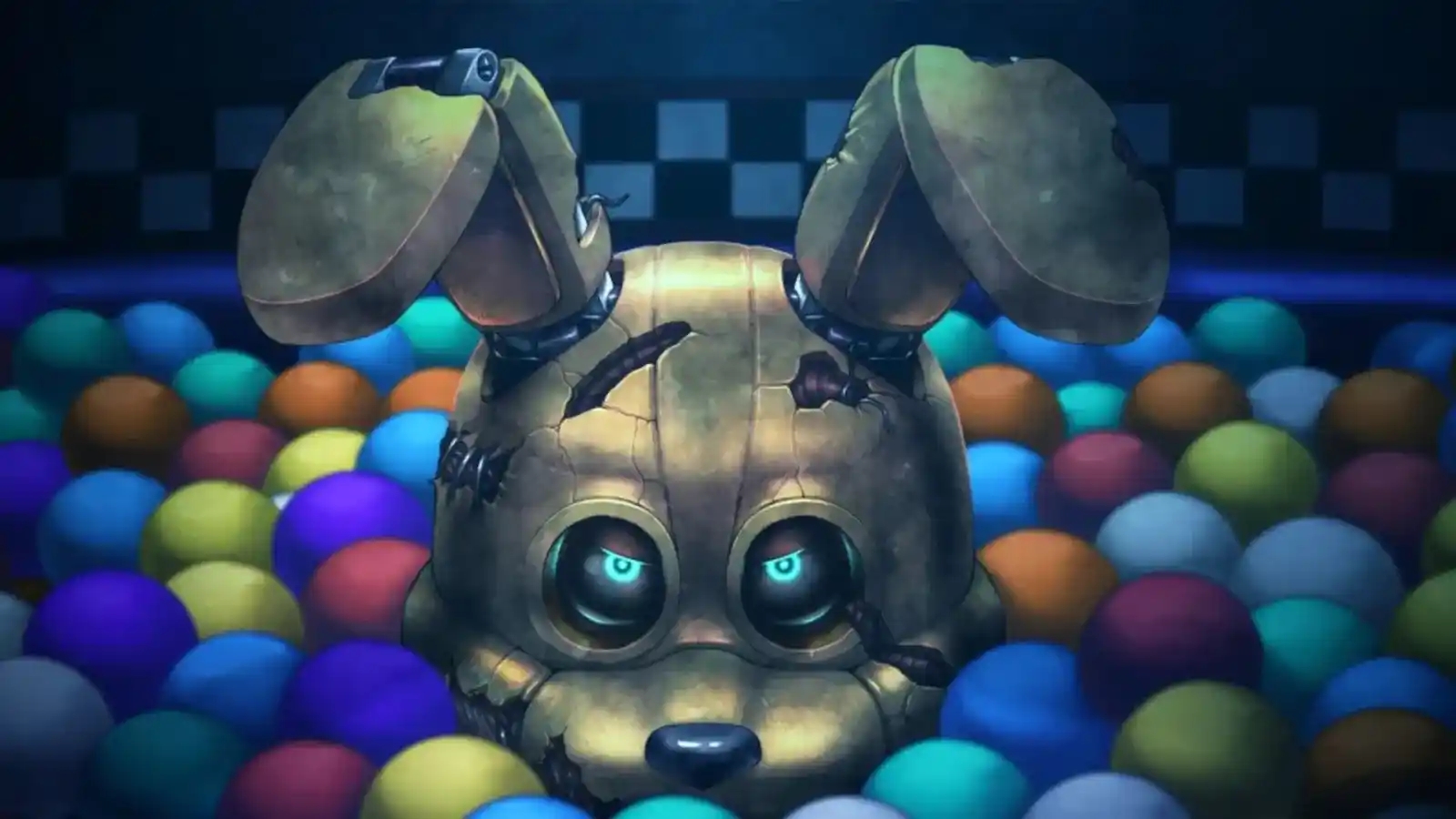 Un robot di Five Nights at Freddy's: Into the Pit in una vasca delle palline colorate