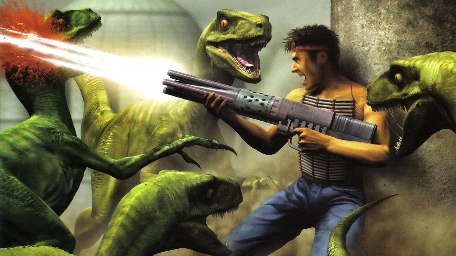 Un artwork di Turok, con il protagonista che affronta dei dinosauri