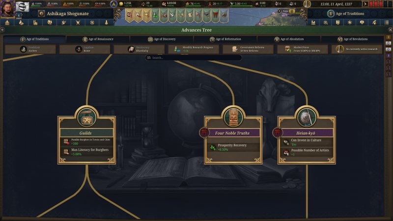 Il gioco è diviso in sei epoche differenti, ciascuna con diverse abilità di ricerca da esplorare. In questo caso potete anche vedere due opzioni dedicate espressamente alla civiltà giapponese