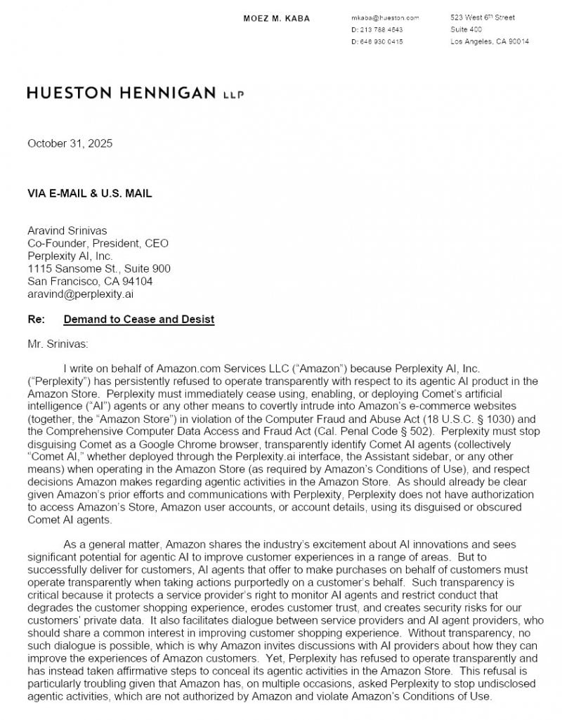 La prima pagina della lettera di diffida di Amazon