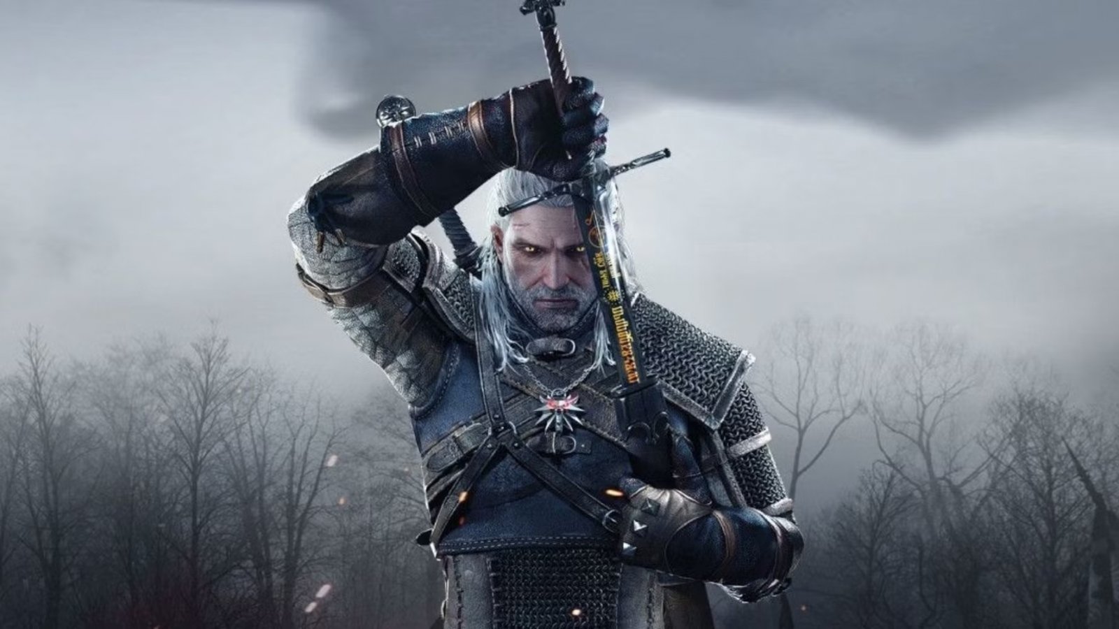 Promo Art di The Witcher con Geralt frontale intento a estrarre la spada