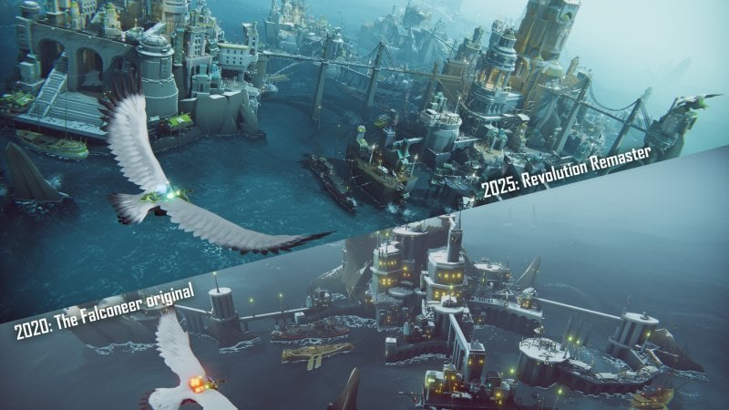 Immagine comparativa tra le due versioni di The Falconeer