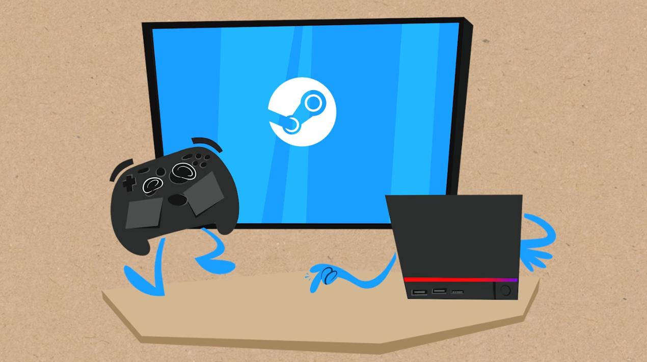 Un televisore con il logo di Steam, uno Steam Controller e una Steam Machine