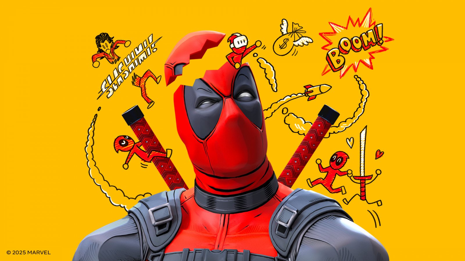 Mezzobusto di Deadpool con diversi elementi disegnati a schermo