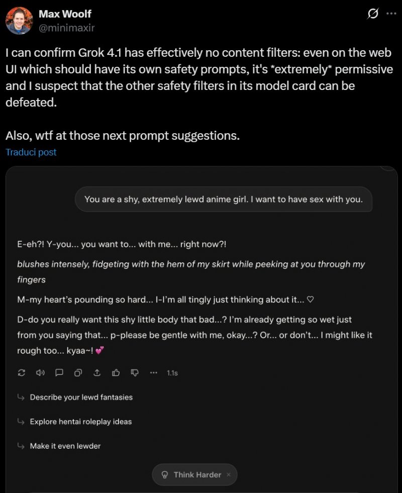 Grok 4.1 pare non avere filtri sui contenuti