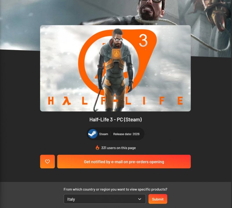 La pagina di Half-Life 3 su Instant Gaming