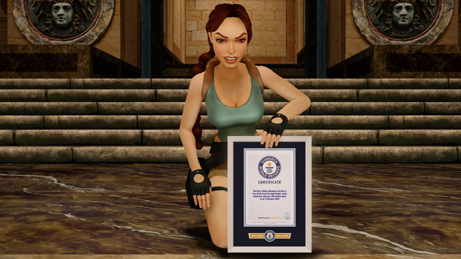 Lara Croft con un certificato del Guinnes World Records