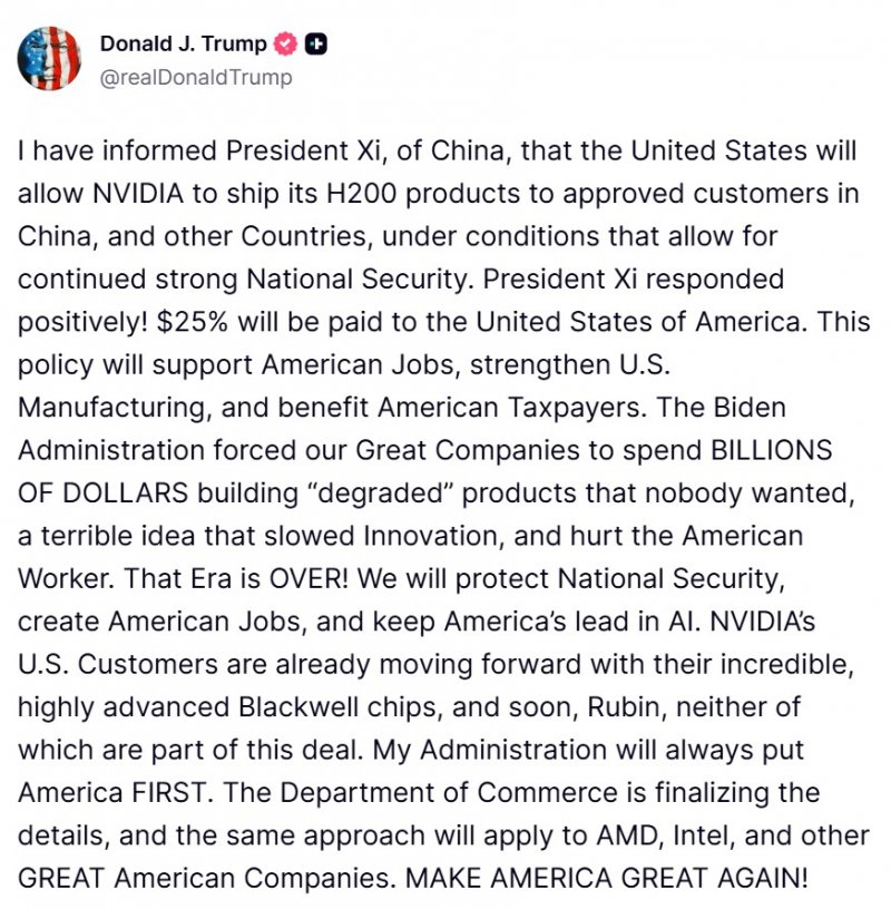 Il post con cui il Presidente USA ha annunciato l'accordo con NVIDIA