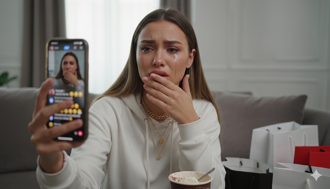 Una influencer che piange calde lacrime