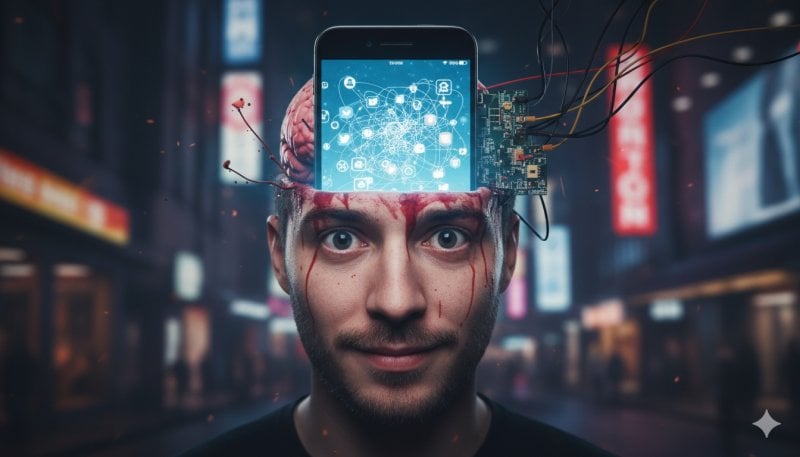 Un uomo con un telefono conficcato nella testa