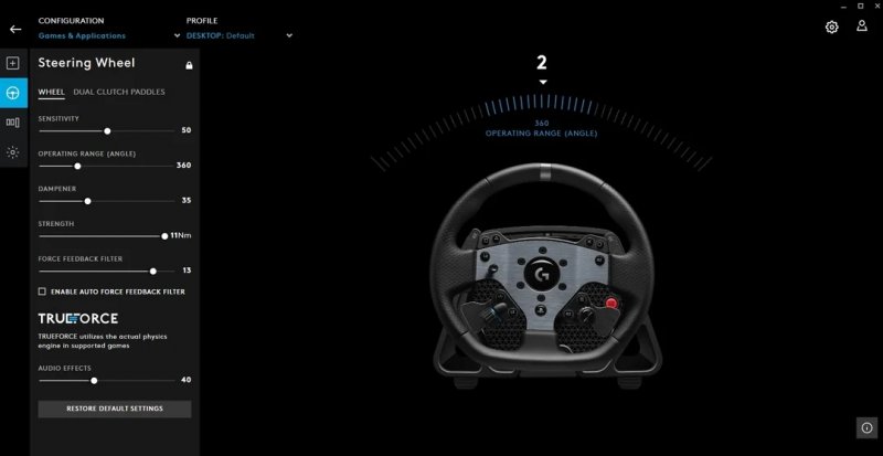 L'interfaccia del software Logitech G Hub per la configurazione delle limitate impostazioni del volante